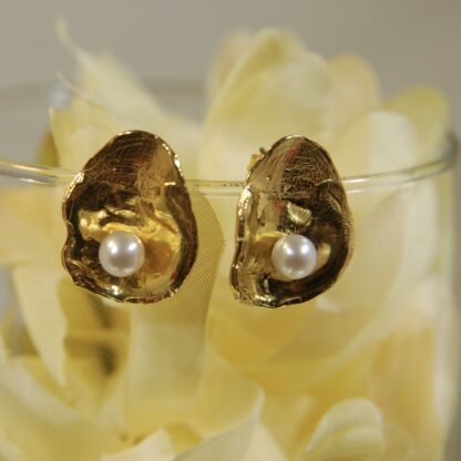 Louisiana Oyster Shell Earrings - 14kt gold-Pearl-posts .      RJ126.  * - Image 2