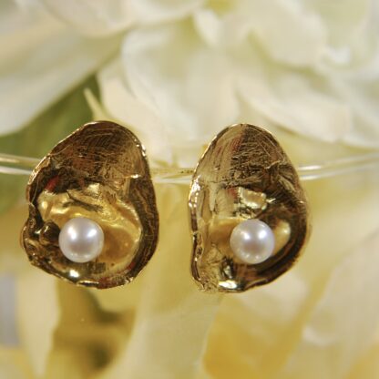 Louisiana Oyster Shell Earrings - 14kt gold-Pearl-posts .      RJ126.  * - Image 3